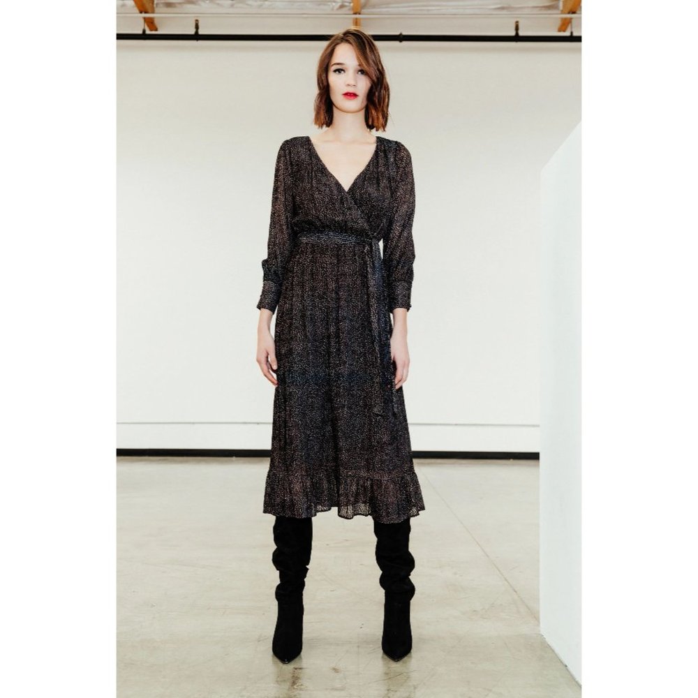 LENON Black Stone Dots Burnout Velvet Surplice Midi 'Rose' Dress sz M Women's